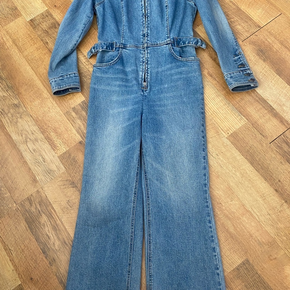 Free People Light Blue Denim Jumpsuit with Waist Tabs